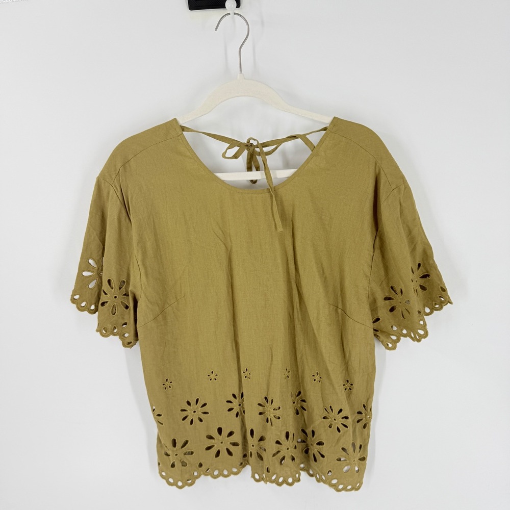 Madewell Eyelet Tie Back Top Olive Green Large Short Sleeve Linen Blend Boho